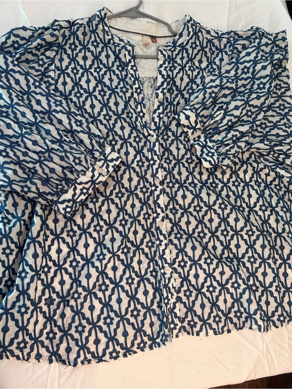 Pilcro White Blouse with Blue Embroidered Pattern